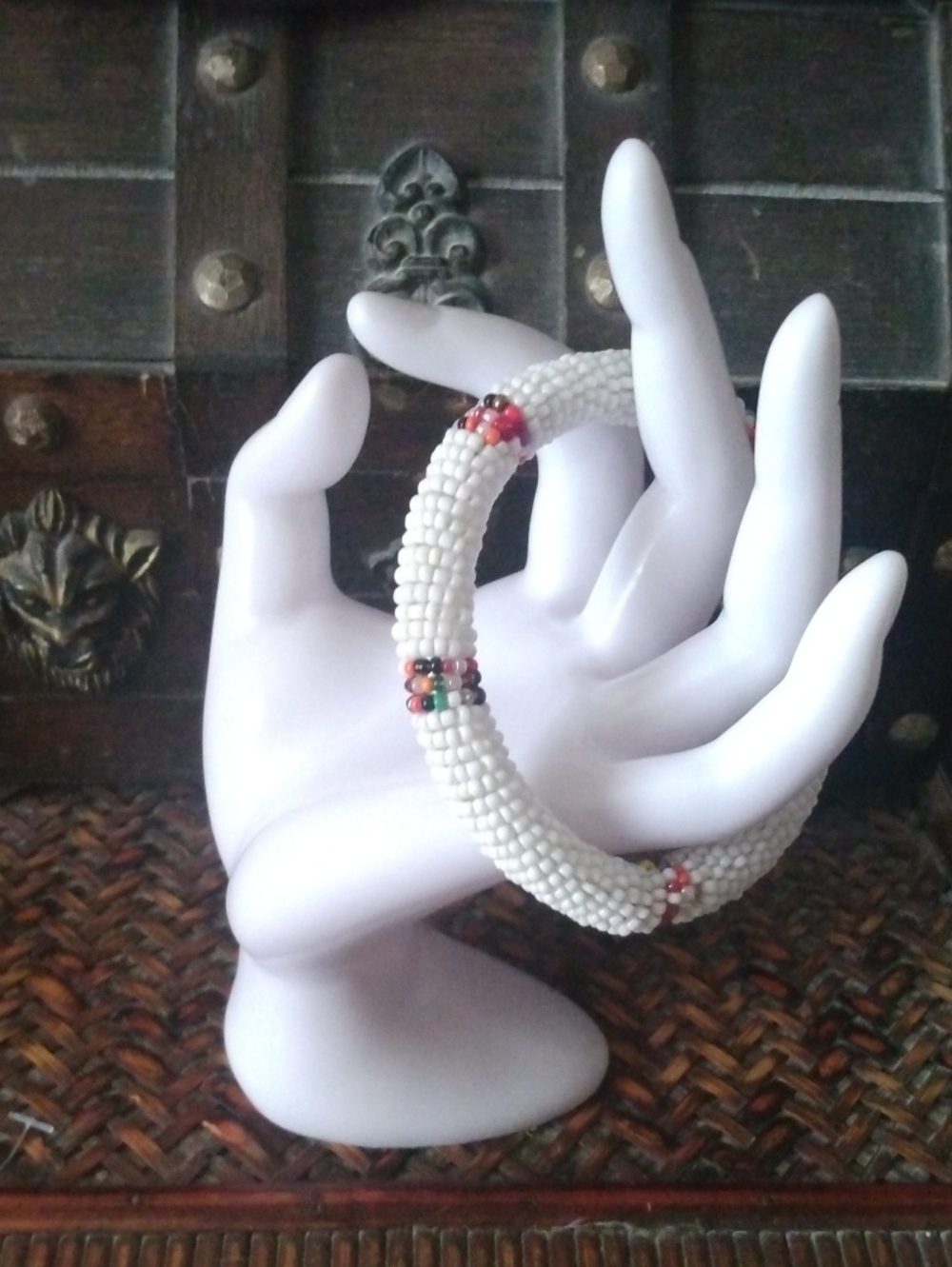 Handmade White Seed Bead Bangle with Multicolor Accents